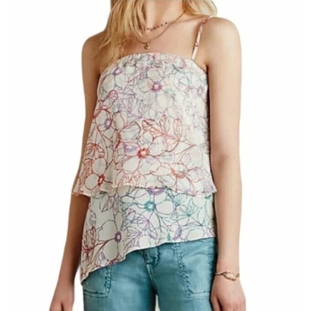 Anthropologie Maeve 100% Silk Asymmetrical Floral Flowy Spaghetti Strap Tank Top